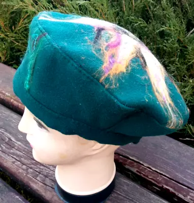 Womens Felted Green Beret.Warm Winter Hat.Beret With  Floral Pattern.Fashion Hat • $144.05