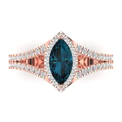 1.2 Ct Marquise Split Shank London Blue Topaz Promise Wedding Ring 14k Rose Gold • £320.12