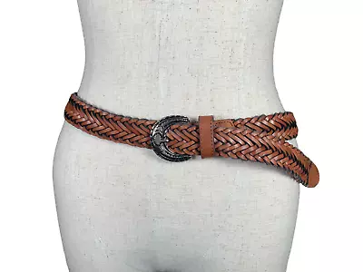 Vintage Womens Braided Belt Leather Brown Medium Solid Silver Tone Buckle Nice • $22.82