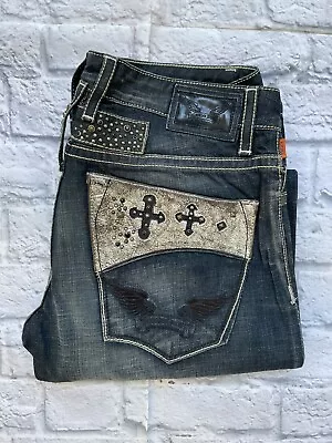 Robin’s Jean Vintage Men’s Skull Leather Pockets Slim Straight Jeans Size 33 • $59.99