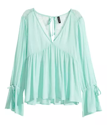 NWT H&M Mint Green V Neck Blouse W/ Lace Back Trumpet Cuffs Drawstrings 2 XS • $20