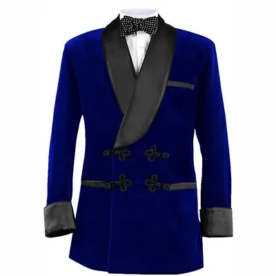 Royal Blue Velvet Smoking Jacket Vintage Shawl Lapel Custom Smoking Jackets Men • $71.25