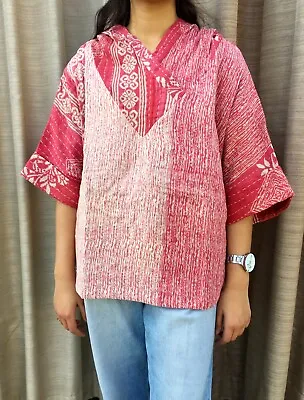 Indian Vintage Cotton Kantha Top Women Hooded Blouse Handmade Clothing • $49.40