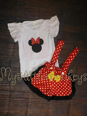 NEW Boutique Minnie Mouse Ruffle Shirt Suspender Shorts Girls Outfit Set  • $13.59