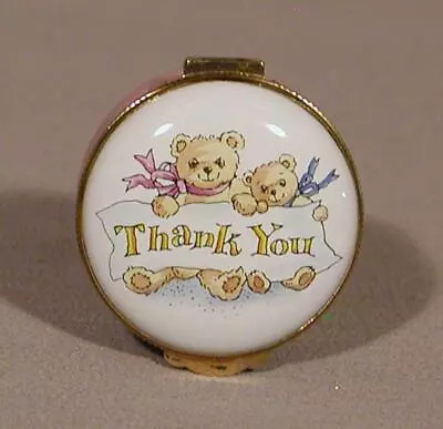 $18 • Buy Crummles Enameled Hinged Trinket Box - 2 Teddy Bears Holding Thank You Banner