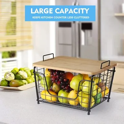 Stackable Wire Storage Baskets With Wood Lid Bread Vegetable Fruit Organizer Bin • $24.99