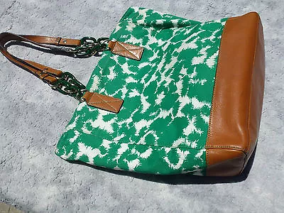 Milly Large Green Splatter W/ Brown Leather Large Market Tote Bag Style Handbag • $45