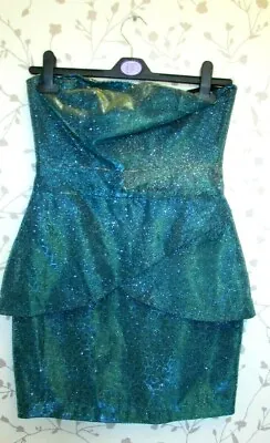 Jane Norman Glitter Uk 8 Peplem Dress Strapless Terquioise Animal Print  New • £3