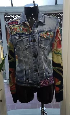 NWT Desigual Knit Sleeve  Jean Jacket Embroidered Embellished Floral Sequins XS • $149.99