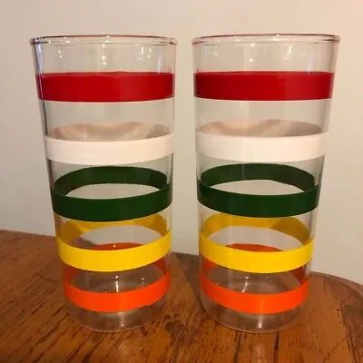 Vintage Mid Century Anchor Hocking 6  Fiesta Rainbow Band Stripe Glass Tumblers • $22.75