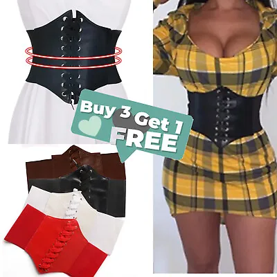 3+1 Ladies Waist Cincher Wide Band Elastic Tied Waspie Corset Leather Black Belt • £3.52