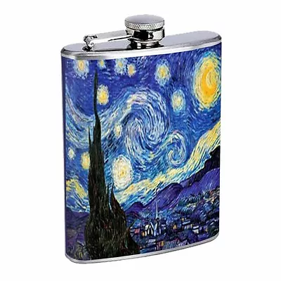 Vincent Van Gogh Starry Night Flask D141 8oz Stainless Sun Stars Hilltop Village • $14.95