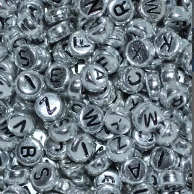 200 X  7 Mm Flat Round Silver Colour Alphabets / Letters Acrylic Beads • £2.99