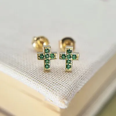 Tiny Emerald Cross Stud Earrings In 9ct Yellow Gold • £67