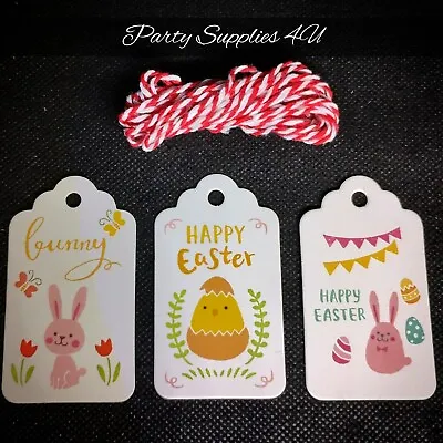 12pk Cute Easter Tags With Red & White String/Present/Gifts/Eggs/Bunny/Chick/ • £2.65