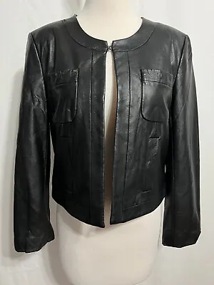 ELLEN TRACY Vintage Top-Clasp Cropped Vegan PU Leather Jacket Blazer Black XS • $16.99