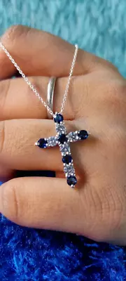 1.50Ct Round Cut Lab-Created Blue Sapphire Cross Pendant 14K White Gold Plated • $86.39