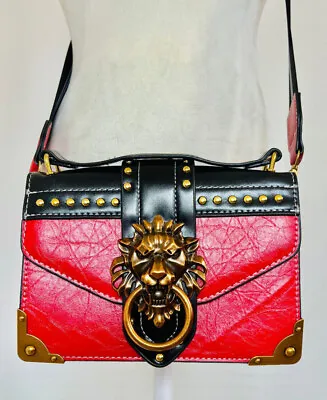 NWT Smile Focus 'Leo' Red Leather Lion Head Knocker Crossbody Luxury Handbag • $125