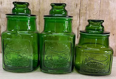 1960s Wheaton Glass Emerald Green Pisces Fish And Bird In Heart Storage Set Of 3 • $65