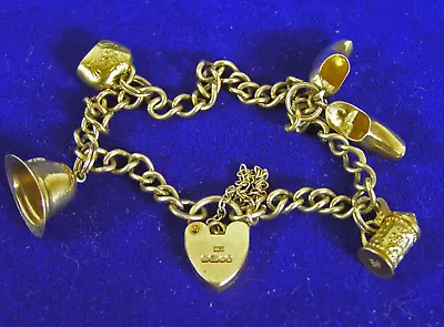 Vintage English 9k Yellow Gold Charm Bracelet Heart Lock + 9k & 14k Charms • $799.99
