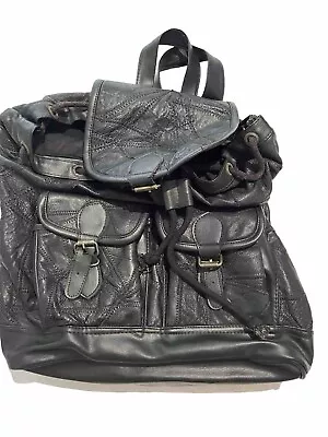 Vintage Black Leather Patchwork Backpack Large Made In India Drawstring Buckles • $19