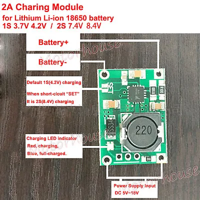 1S 2S 2A 3.7V 7.4V Lithium Li-ion 18650 Battery Charging Board Charger Module • £2.69