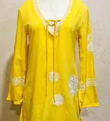 Mud Pie Swim Coverup Tunic Size M Yellow Embroidered Long Sleeve Bright Vaca B1 • $9.99