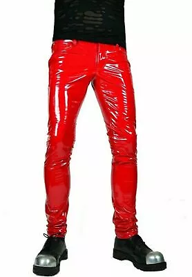 Men Red Gothic Pants Pvc Vinyl Glossy Rockstar Stage Rocker Skinny Jeans • $59.99