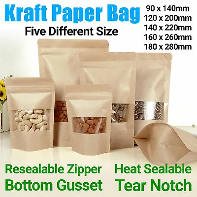 Brown Strong Grip Seal Gusset Craft Paper Bags Smell Free With Clear Window • £80.63