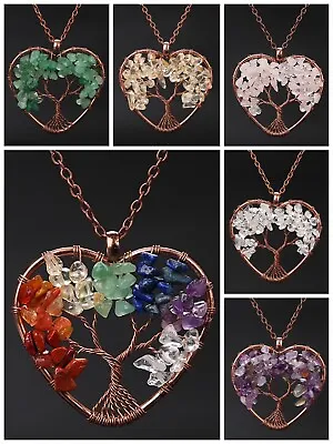 7 Chakra Tree Of Life Pendant Necklace Crystal Quartz Stone Bronze Heart Gift • £4.79