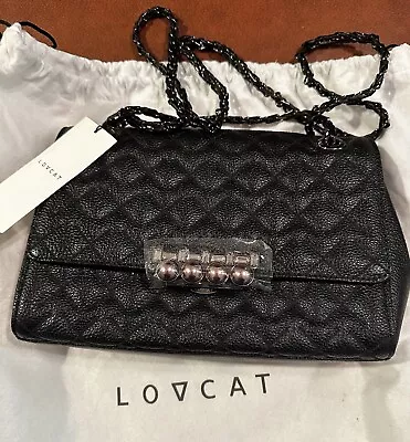 New Lovcat Paris Black Quilted Genuine Leather Purse Crossbody Chain • $69.95