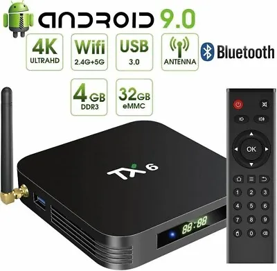 TX6 Quad 4 Core Android 9.0 TV Box 4GB 32GB WIFI HD Media Player UK • £29.95