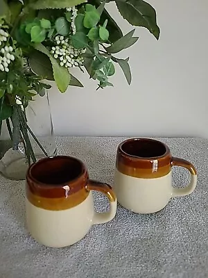 Vintage Boho Mugs Set Of 2 Brown Striped Stoneware 70s Set Of 2 • $11.65