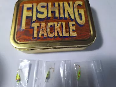 Small Tin Box Marked FISHING TACKLE With 3 Small  JIGS • $5.99