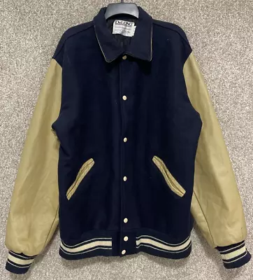 Vintage DeLong Varsity Letterman Jacket Mens Navy Wool Leather USA Size XL Long • $59.99