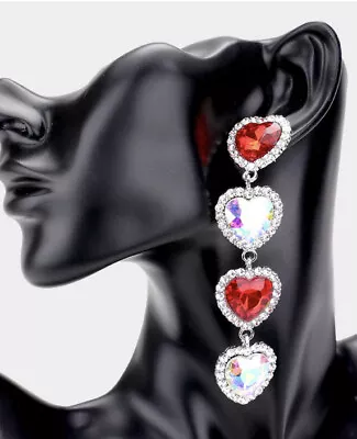 4” Red Heart Ab Silver Dangle Drop Rhinestone Prom Long Crystal Pageant Earrings • $16