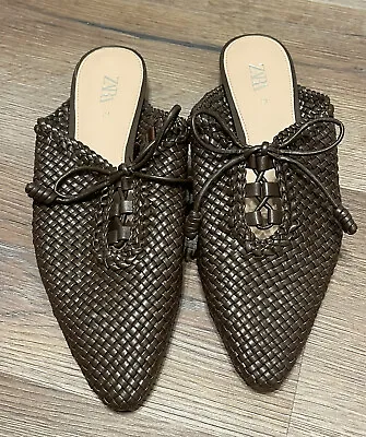 Zara Brown Woven Slip On Mules Slides With Bows Dress Shoes Women’s Size 37 6.5 • $17.99