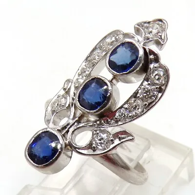 Vtg Antique Edwardian Platinum VS Mine Cut Diamond & Blue Sapphire Ring FZ • $800.03