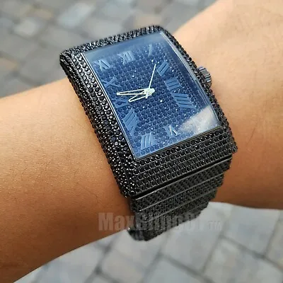 Men Full Iced Band Luxury Bling Black Simulated Diamond Bracelet Hip Hop Watch • $39.95