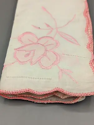 Vintage Napkin White Linen With Pink Embordered Flower Scalloped Edge • $15.89