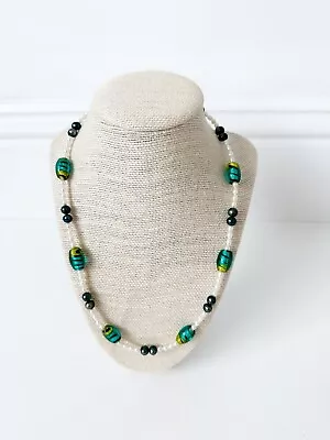 NWT Genuine Murano Glass & Pearls Necklace Green White Black Beaded • $30