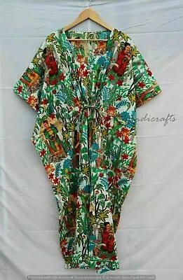 Indian White Frida Kahlo Print Cotton Hippie Maxi Women Nightwear Caftan Dress • $22.55
