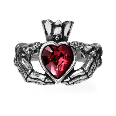 Alchemy Gothic Claddagh By Night Skeleton Hands Red Heart Crystal Ring In Hand • $20