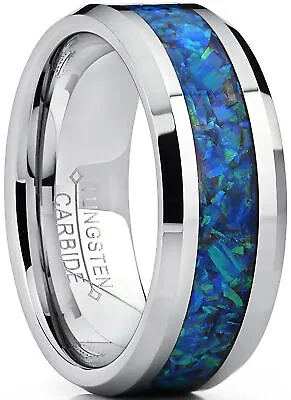 Men's Tungsten Carbide Wedding Band Ring With Blue Green Simulated Opal • $24.99