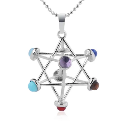 Natural 7 Chakra Reiki Gemstone Healing Hollow Star Point Stone Merkaba Pendants • $2.99