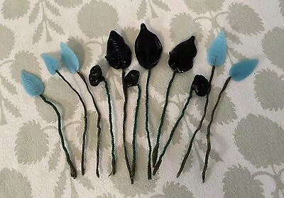 Vintage Czech Wired Art Glass Lampwork Flowers Leaves Beaded Black Aqua • $29.99