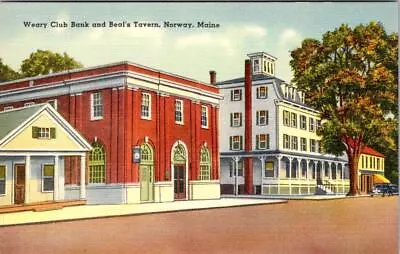 Norway ME Maine  WEARY CLUB BANK & BEAL'S TAVERN Street Scene Ca1940's Postcard • $5.94