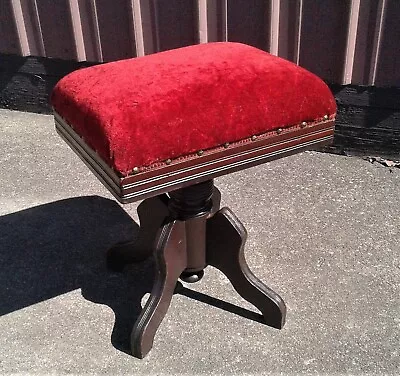 Antique Victorian Orginial Red Mohair Upholstered Organ Stool Adjustable 1870s • $135