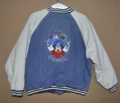 Disney World Where Magic Lives Mickey Mouse Denim Varsity Jacket L Large Vtg • $72.21