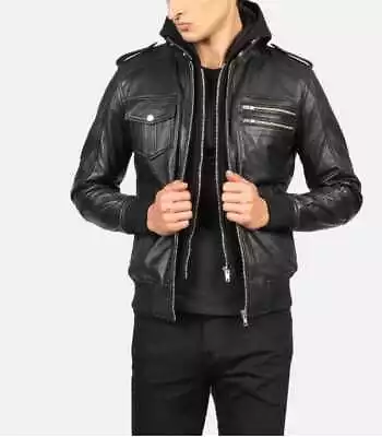 Men's Genuine Lambskin Hooded Leather Jacket Slim Fit Motercycle Biker Jacket • $109.99